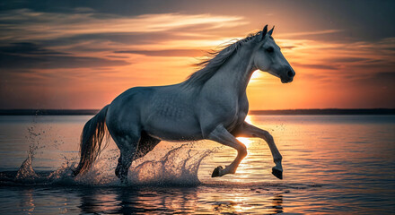 Majestic white horse running through calm water at sunset with vibrant sky
