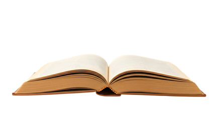Open hardcover book with aged cream pages and tan cover edge isolated on a transparent background open book