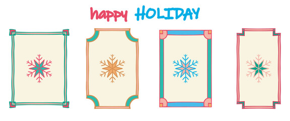 Holiday frame, snowflake shape set. Hand drawn decorative doodle ink brush stroke corner, modern calligraphic freehand grunge line. Rectangle isolated geometric background. Cute vector illustration