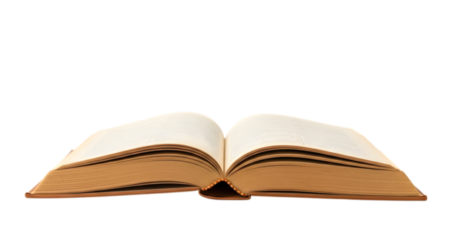 Open hardcover book with aged cream pages and tan cover edge isolated on a transparent background open book