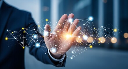 Businessman's hand touching a futuristic digital interface, managing a secure global network for data protection and communication