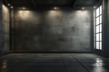Modern room with windows and black concrete walls flooring lighting architecture.