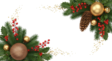 Christmas garland corner decoration with pine cone, red berries, golden baubles and fir branches