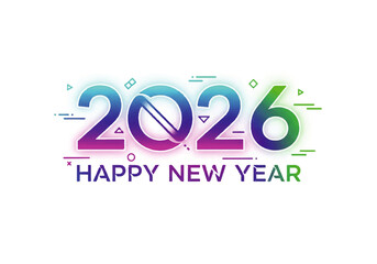 Colorful graphic design for Happy New Year 2026 with gradient numbers, confetti, and decorative lines on a white background.
