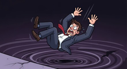 Businessman in Suit Falling into Mysterious Dark Spiral with Shocked Expression and Fear