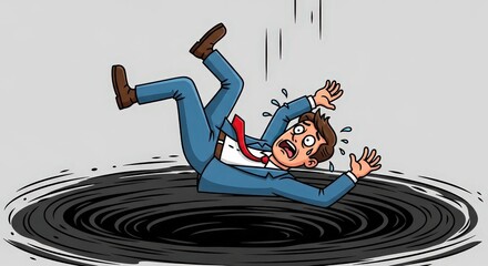 Businessman Falling into a Black Hole Cartoon Illustration of Financial Trouble and Stress