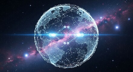 Obraz premium Quantum network enveloping a digital Earth, symbolizing global interconnectedness, futuristic data transfer, and advanced communication technology in space