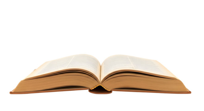 Open thick hardcover book with aged yellowed pages and a brown cover isolated on a transparent background