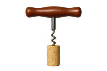 Corkscrew removing cork from wine bottle, wooden handle, metal helix, kitchen tool for opening drinks