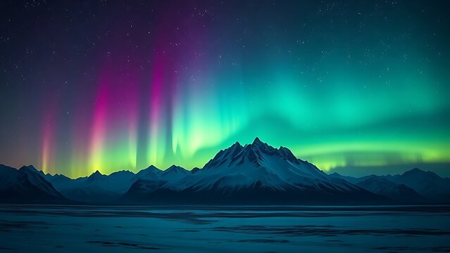 A majestic landscape under a starry night sky with flowing curtains of green and purple aurora over a mountain range.