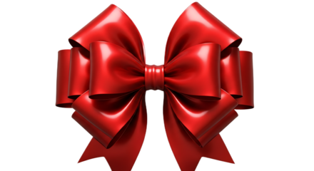 A shiny red satin bow with multiple loops and tails against a black isolated background image