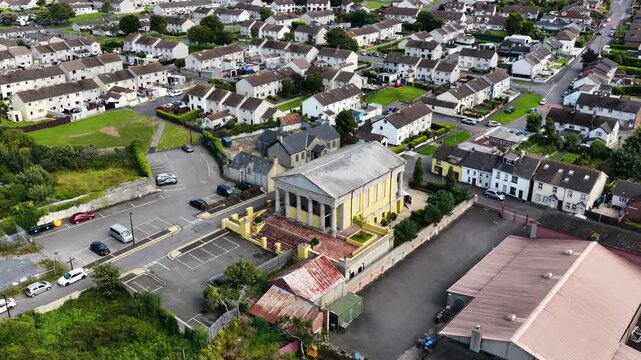 Aerial drone view of Portico Arts and Heritage Centre and St Patricks Com Centre Portaferry Co Down Northern Ireland