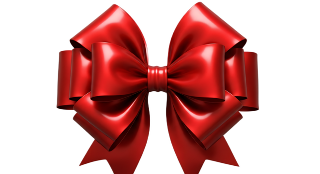 A shiny red satin bow with multiple loops and tails against a black isolated background image