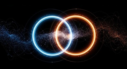 Obraz premium Futuristic concept of quantum computing showing two intertwined neon circles representing qubit superposition and energy fusion