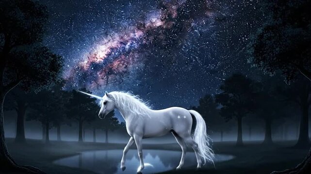 A unicorn in a starry night landscape, exuding an enchanting atmosphere.
