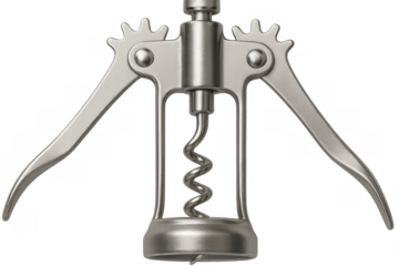 Stainless steel corkscrew metal wine opener gadget isolated on transparent background, bar tool for bottles