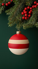 Red striped christmas ornament hanging on pine branch with red berries festive decoration joyful holiday atmosphere
