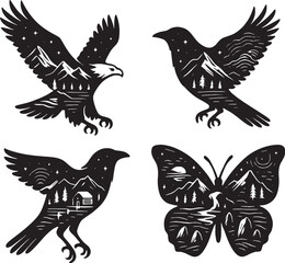 Flying Animals Double Exposure Vector Illustration.eps