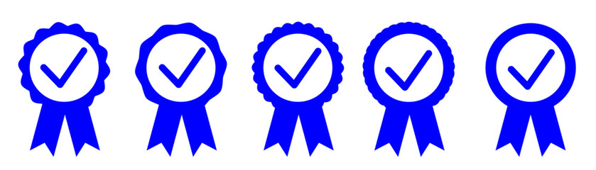 Set of approved or certified medal icon. Approval check symbol. Winning award, prize, medal or badge on white background.