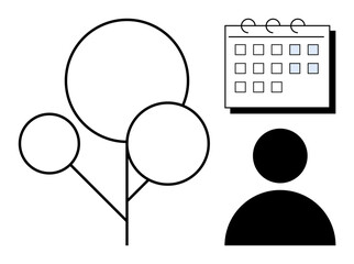 Circular tree symbol beside a calendar and person silhouette. Ideal for scheduling, organization, growth, sustainability, productivity, ecology, personal development. Simple flat metaphor