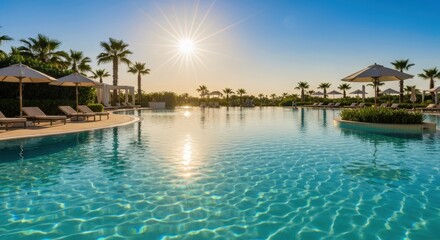 Obraz premium Serene Poolside View at Sunset with Palm Trees and Blue Sky for Relaxation and Leisure
