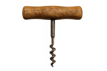 Vintage wood handle corkscrew opening wine bottle with metal spiral screw on transparent background