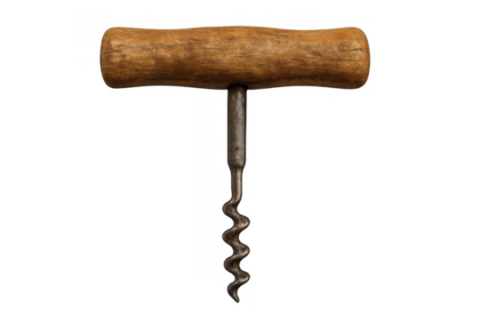 Vintage wood handle corkscrew opening wine bottle with metal spiral screw on transparent background
