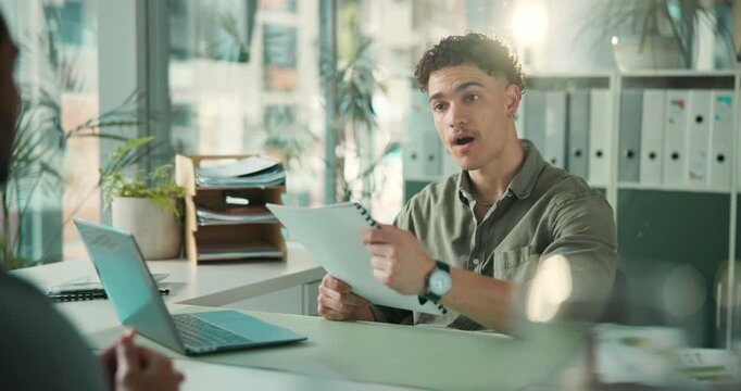Businessman, meeting and interview with CV in office for hiring, skill set or talent. Man, employer or candidate with resume, document or portfolio for recruiting process or onboarding in workplace