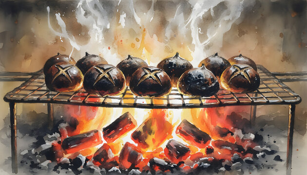 Roasting chestnuts over an open fire on a wire grill