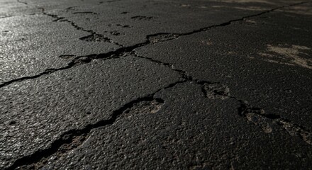 Obraz premium Cracked Asphalt Surface in Low Light with Shadows and Texture Details for Urban Backgrounds