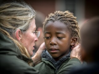 A ca woman adjusts the jacket collar of a young African boy with wet skin outside on a cold day.