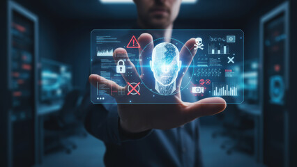 Deepfake technology and ai crimes detection with futuristic digital interface protecting identity and data security