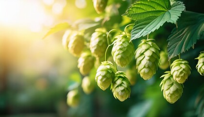 Fresh Green Hops Cones Hanging On The Vine With Lush Leaves Ready For Harvest Natural Organic Beer Brewing Ingredient