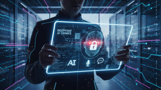 Deepfake and ai crimes highlight cybersecurity risks with digital lock and facial recognition on futuristic transparent screen