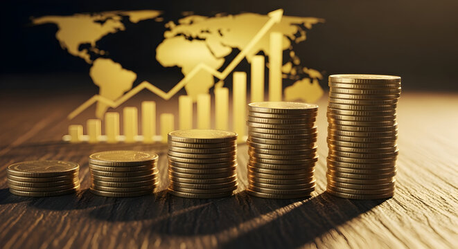 Visualize global financial success with ascending gold coin stacks against a world map backdrop, symbolizing growth and international investment trends.