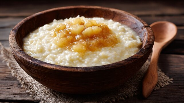 A barley porridge with apple compote, wooden bowl and spoon, rustic handmade aesthetic
