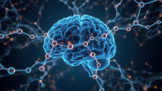 Abstract visualization of a glowing blue human brain connected by a network of neural pathways and synapses representing thought and cognition