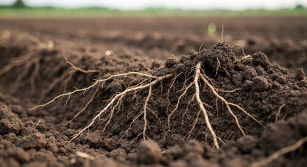 Fototapeta premium Close-Up View of Tree Roots Emerging from Dark Soil in a Natural Landscape Setting