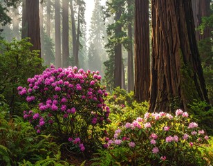 Fototapeta premium Lush magenta blooms nestled among ferns and towering trees bathed in soft sunlight, creating a tranquil forest scene