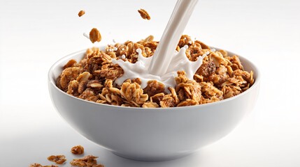 A bowl of granola with milk being poured, frozen motion capture, clean white background, dynamic composition