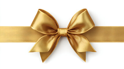 Fototapeta premium Golden gift ribbon with a bow tied in the center, horizontal layout. Isolated on white background