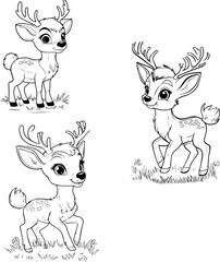 Deer Coloring Page Vector Set: Woodland Stag and Fawn Line Art for Kids, Christmas, and Nature Printables
