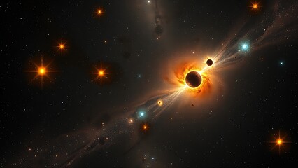 A cosmic scene of the early universe with stars of varied sizes and luminosities.