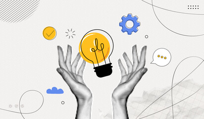 Trendy Halftone Collage Two Hands holds lightbulb. Creative mind, brainstorm or innovation. Create creative idea concept. Business solutions. Think outside box. Contemporary vector illustration art