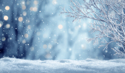 Beautiful winter background with sparkling snow and magical bokeh light