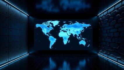 Blue world map display in futuristic room
