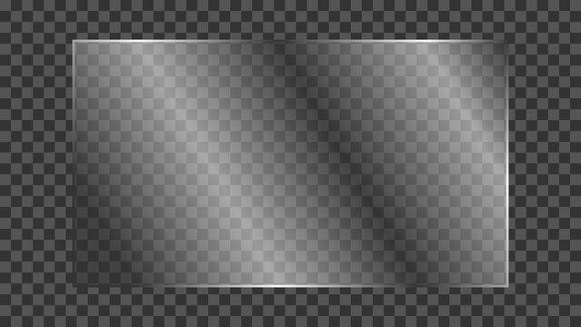 Transparent glass plate with realistic light glare and reflection isolated on transparent background. Shiny and glossy clear glass panel for TV or laptop screen mockup. Vector illustration.
