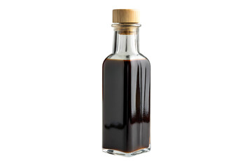 Dark balsamic vinegar in glass bottle on white background