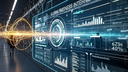 Futuristic Digital Interface Displaying Global Business Internet Connection Data. - Powered by Adobe