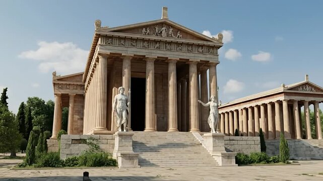 A majestic ancient temple with impressive columns under a blue sky.